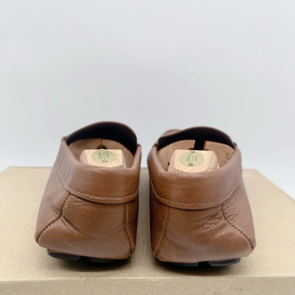 PRADA Saffiano Men's Driver Loafer Logo Ostrich BrownLeather 2DD151 EU 41 US 8